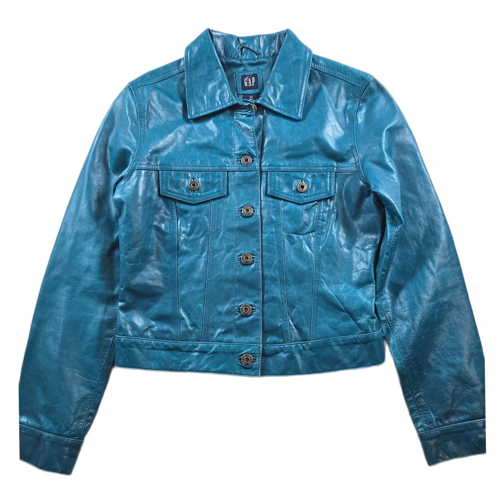 GAP Leather Trucker Jacket Womens XS Teal Blue Button Front Y2K 90's Vintage